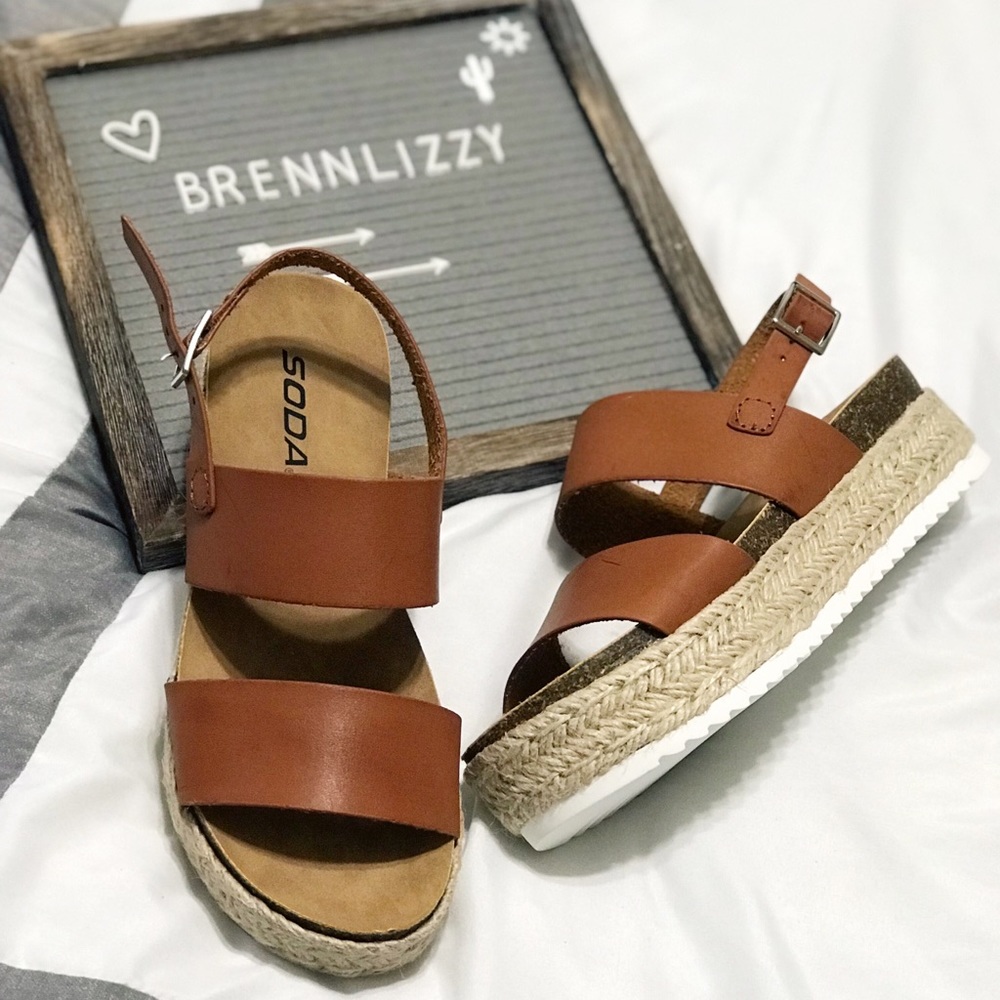 New! Sandals Wedges Tan 2 Strap 2" Heel Espadrille - Picture 1 of 7
